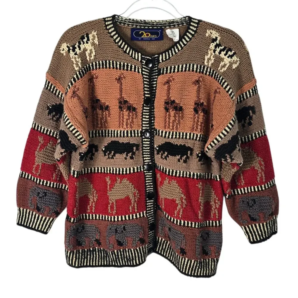 Vintage 90s 20 Ans Marisa Christina Safari Animal Knit Cardigan Sweater M